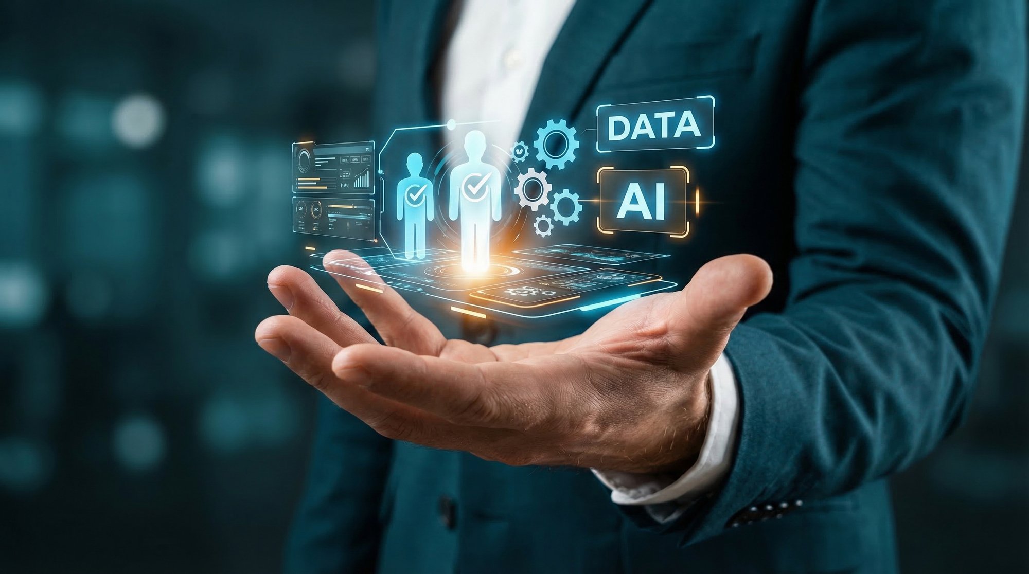 Hand with glowing AI processor