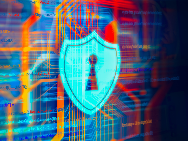 A digital shield with a keyhole, surrounded by colorful code and circuit patterns.