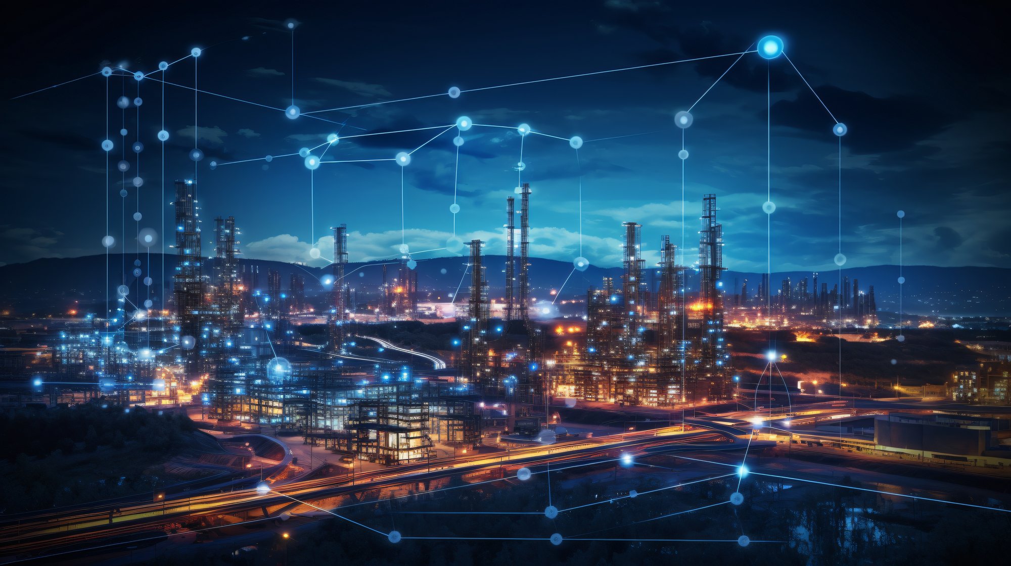 A futuristic industrial cityscape at night with digital data connections overlaid, representing smart technology or energy analysis. A futuristic industrial cityscape at night with digital data connections overlaid, representing smart technology or energy analysis.