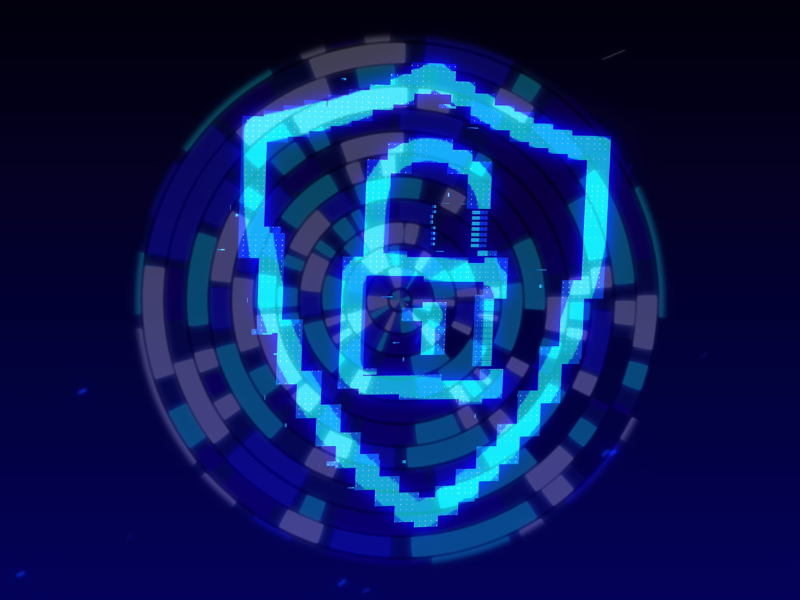 A neon blue padlock within a shield on a dark, digital-themed background.