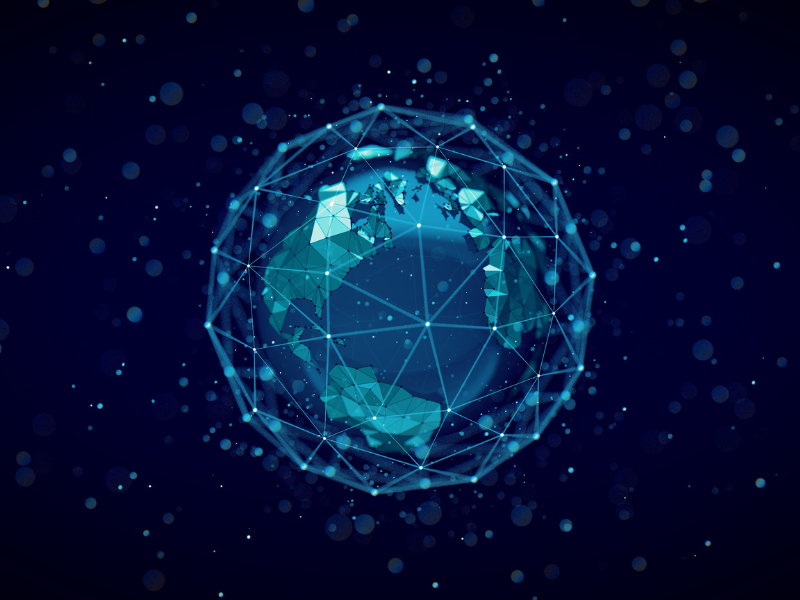 A digital, polygonal representation of Earth with blue interconnected lines and a starry background.