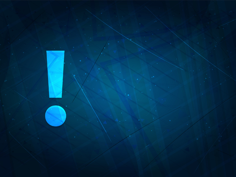 Blue exclamation mark on a dark blue abstract background.