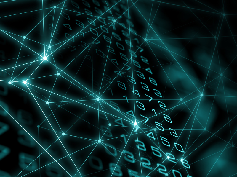 Abstract digital background with glowing network lines and overlaid translucent numbers.