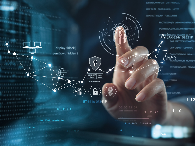 A hand interacts with a virtual interface featuring a fingerprint icon and various digital elements.