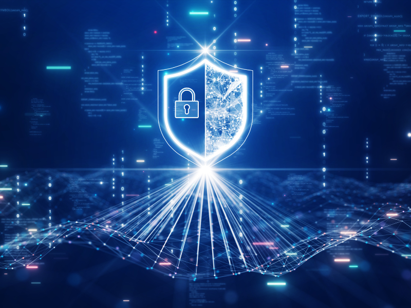 A digital shield with a lock symbol and network pattern, surrounded by floating digital elements and code.