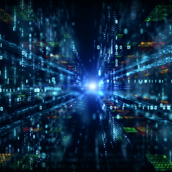 A digital tunnel filled with binary code and glowing data streams leading to a bright central light.