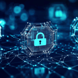 A digital illustration of a network with a padlock symbol, representing security.
