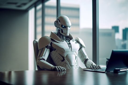 white-serious-ai-humanoid-robot-ceo-looking-his-laptop-generative-ai