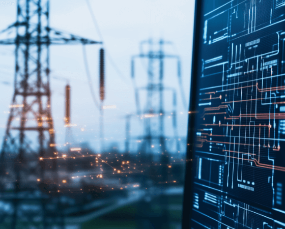 A digital interface with circuit patterns alongside blurred power transmission towers. A digital interface with circuit patterns alongside blurred power transmission towers.