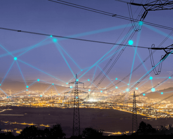 Cityscape with power lines and a digital network overlay. Cityscape with power lines and a digital network overlay.