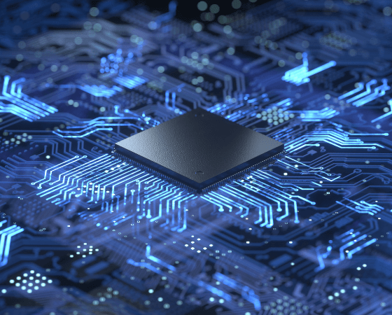 A microchip on a glowing blue circuit board with intricate pathways. A microchip on a glowing blue circuit board with intricate pathways.