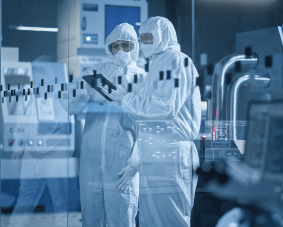 Two people in protective suits in a lab setting with equipment and a transparent panel. Two people in protective suits in a lab setting with equipment and a transparent panel.