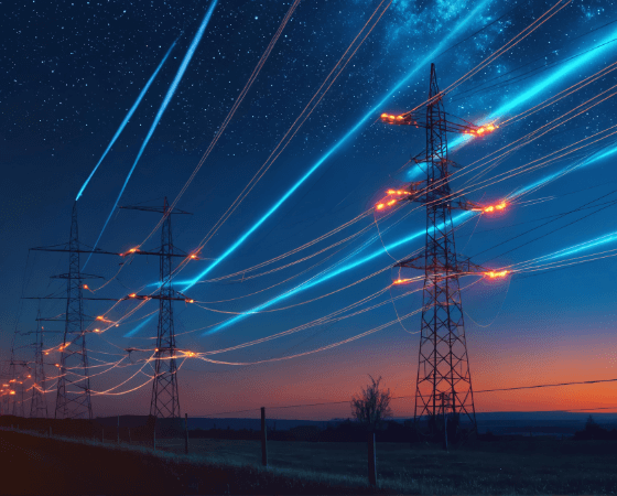 Electrical transmission towers with glowing lines under a starry night sky. Electrical transmission towers with glowing lines under a starry night sky.